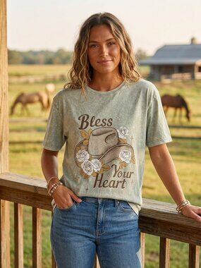 Zutter Bless Your Heart Western Graphic Tee Olive Acid Wash Medium